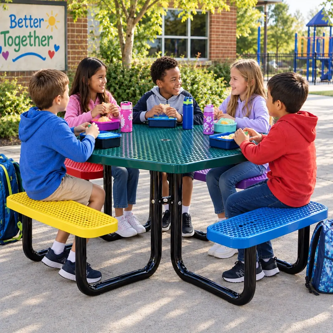 Elementary school children eating lunch together at a colorful square thermoplastic picnic table with four attached benches.